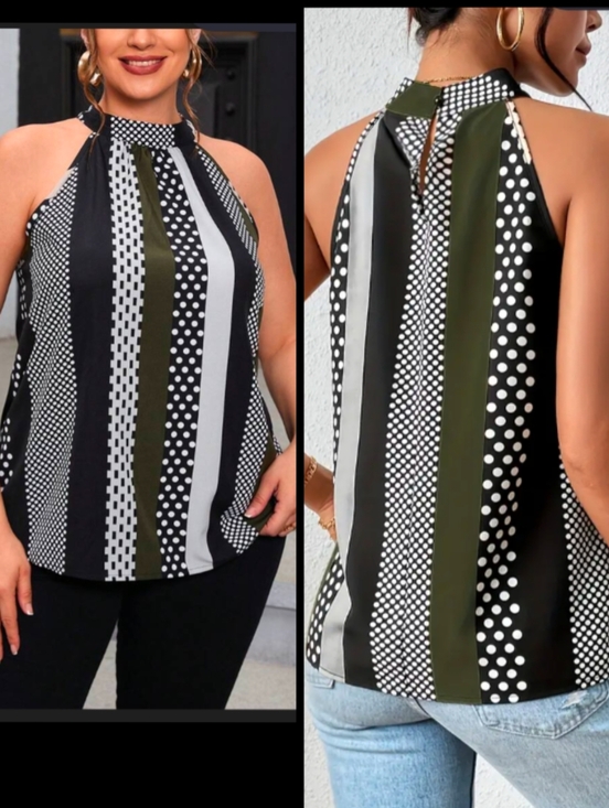 SHEIN Tops - Shein Curve Stripe & Polka Dot Top in Black, White & Olive Size 0XL